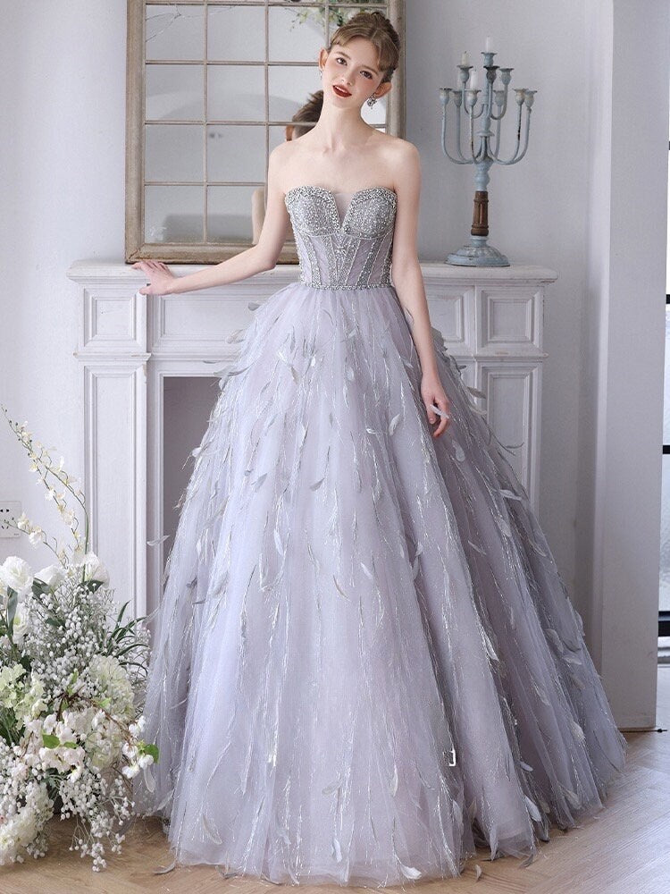 Fairy Tulle Unique Wedding Bridal Dress with Detachable Sleeves and Feathers, Off Shoulder Romantic Lolita Princess Prom Party Gown