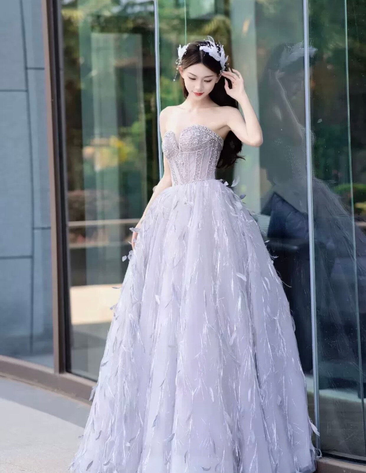 Fairy Tulle Unique Wedding Bridal Dress with Detachable Sleeves and Feathers, Off Shoulder Romantic Lolita Princess Prom Party Gown