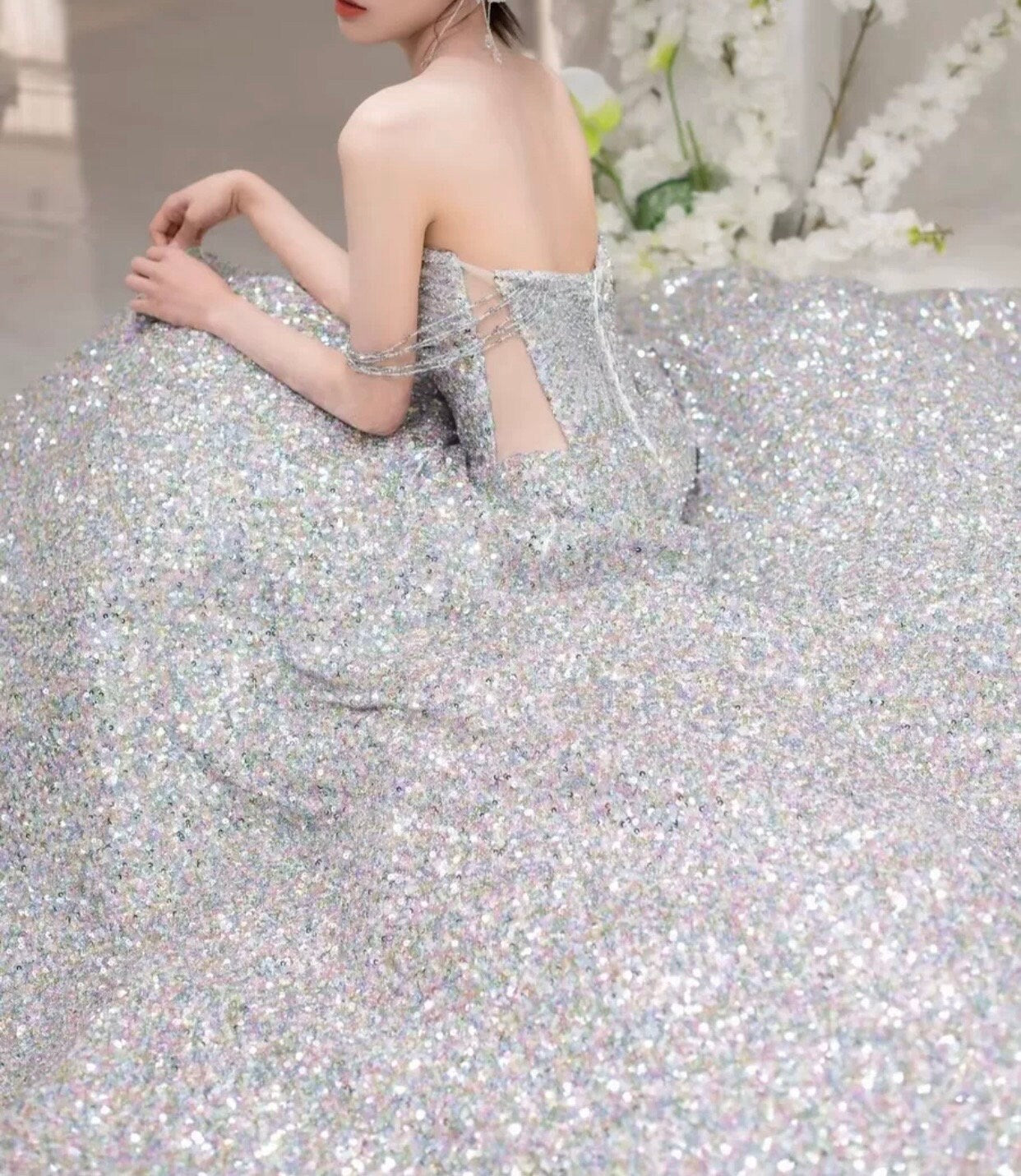 Off the Shoulder Sequin Corset A-line Wedding Bridal Dress, Unique Custom Beaded Romantic Lolita Princess Prom Party Gown