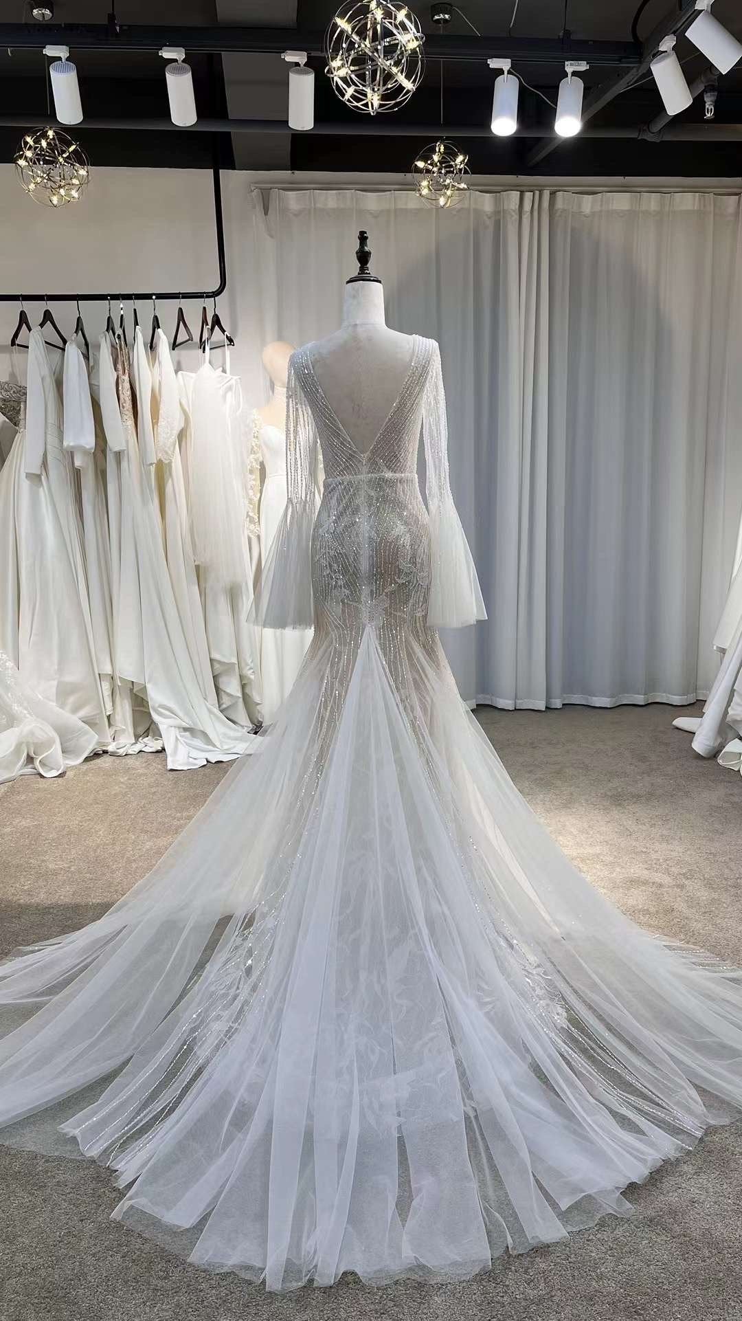 Custom Beaded Long Sleeve Mermaid Wedding Bridal Dress, Sexy Elegant Unique Prom Party Gown Fairy Boho Princess