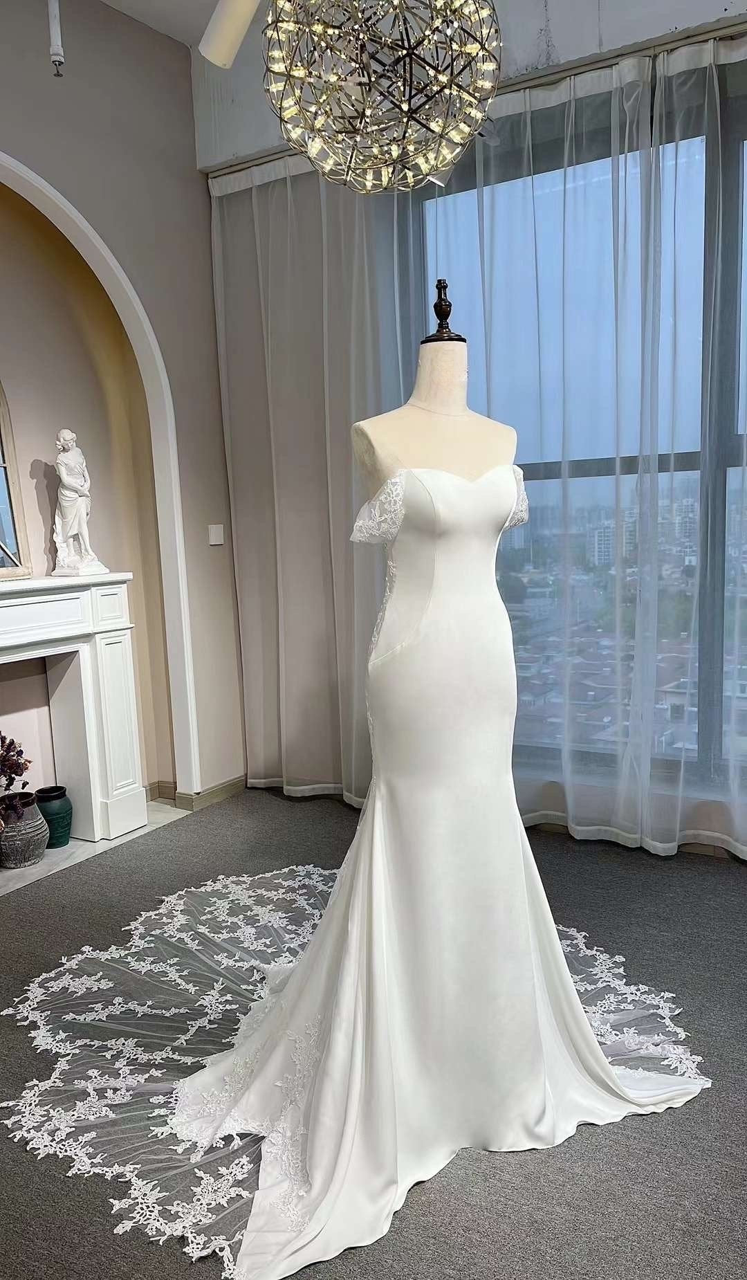 Minimalist off the shoulder Ivory Satin Lace Mermaid Wedding Bridal Dr Shindig Threads Minimalist off the shoulder Ivory Satin Lace Mermaid Wedding Bridal Dr Shindig Threads