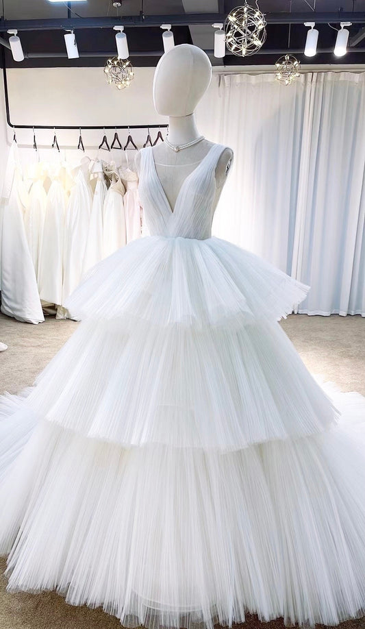 Fairy tulle V-neck Wedding Bridal Dress, Custom Unique Elegant Prom Party Ball Gown, Princess Dress