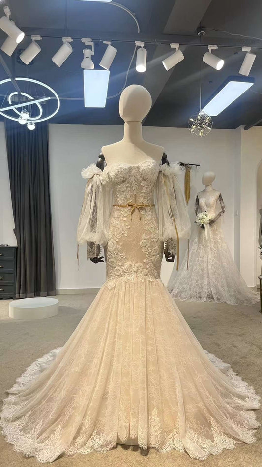 Detachable Long Sleeve Fairy Floral Mermaid Wedding Dress, Custom off shoulder Lace Prom Gown, Unique Reception Dress for Courthouse Wedding