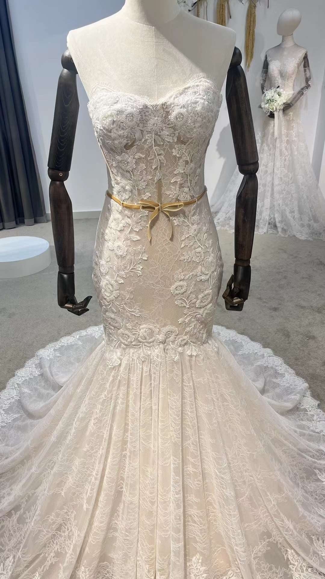 Detachable Long Sleeve Fairy Floral Mermaid Wedding Dress, Custom off shoulder Lace Prom Gown, Unique Reception Dress for Courthouse Wedding