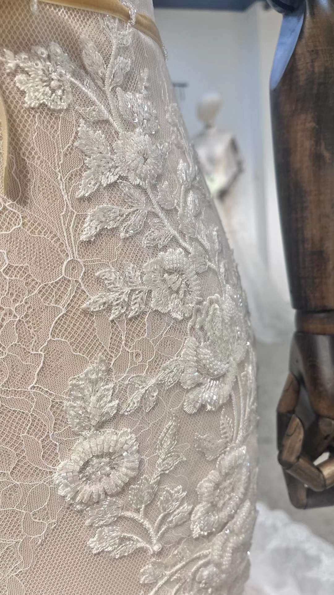 Detachable Long Sleeve Fairy Floral Mermaid Wedding Dress, Custom off shoulder Lace Prom Gown, Unique Reception Dress for Courthouse Wedding