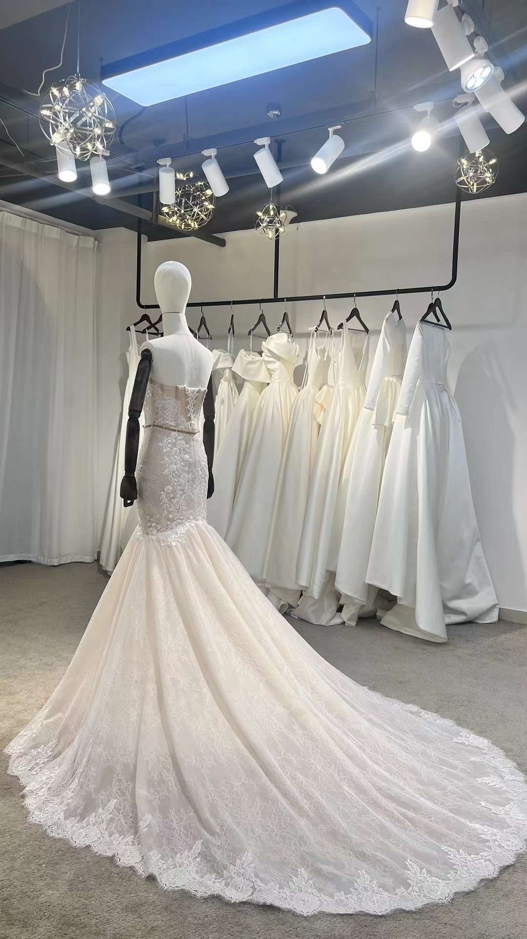 Detachable Long Sleeve Fairy Floral Mermaid Wedding Dress, Custom off shoulder Lace Prom Gown, Unique Reception Dress for Courthouse Wedding