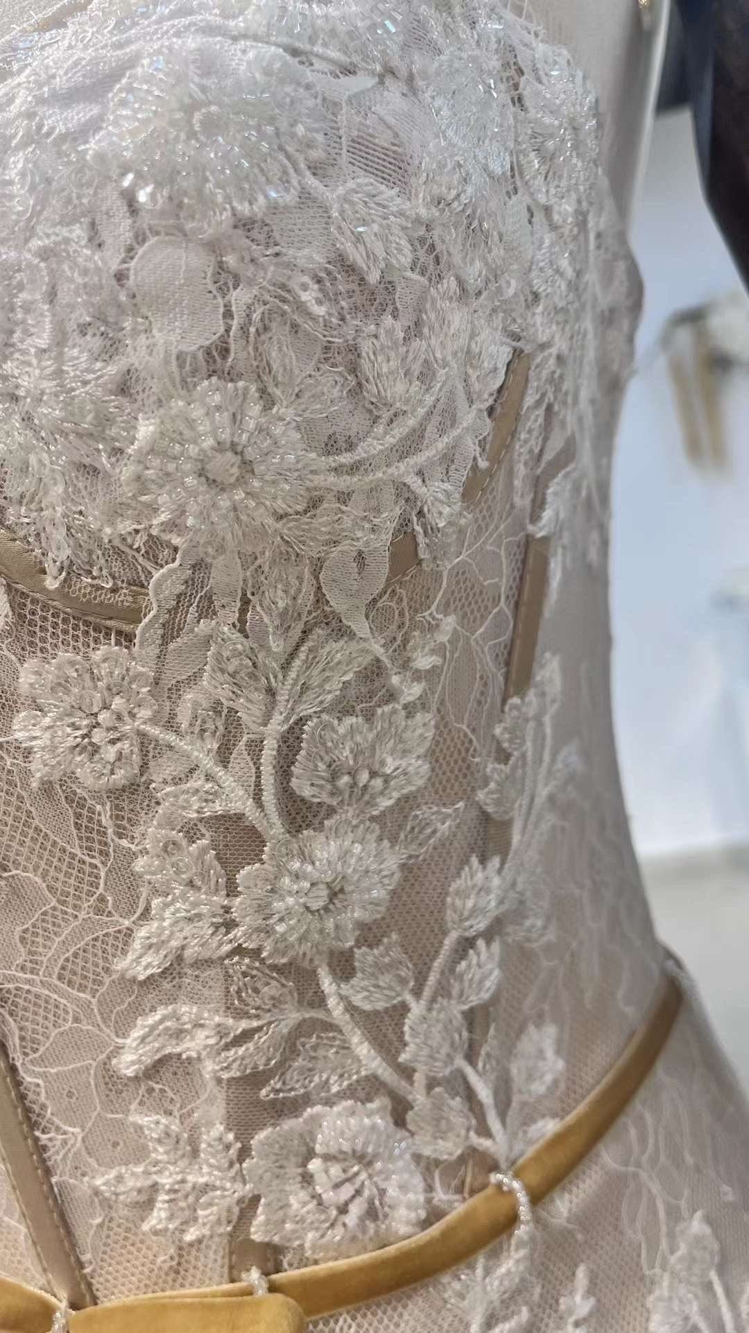 Detachable Long Sleeve Fairy Floral Mermaid Wedding Dress, Custom off shoulder Lace Prom Gown, Unique Reception Dress for Courthouse Wedding