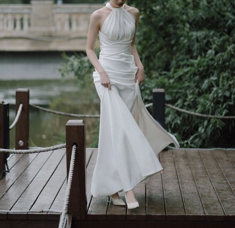 Custom Unique Satin Mermaid Wedding Prom Dress with Slit, Minimalist Simple Elegant Reception Dress, After Party Gown