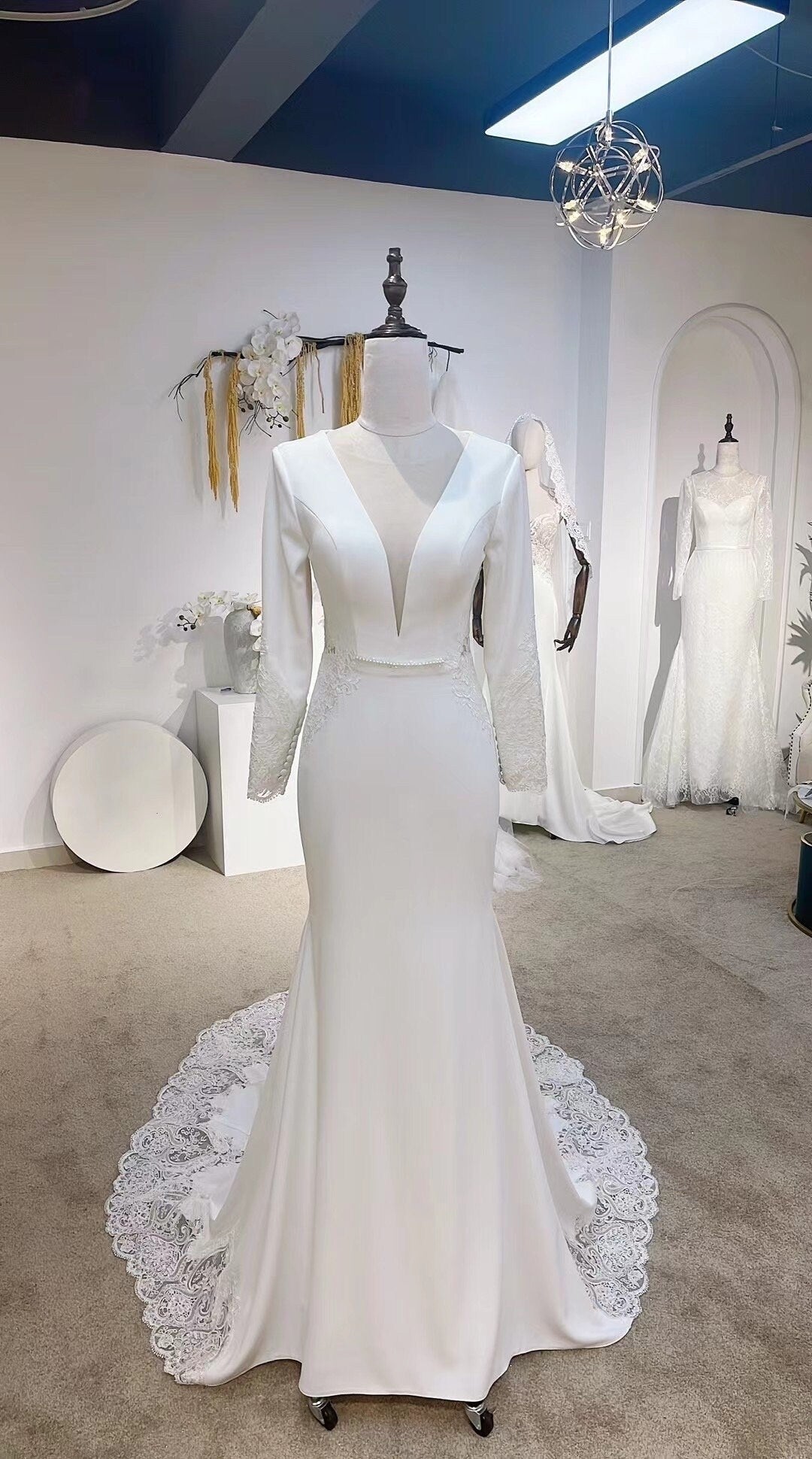 Minimalist Long Sleeve Satin Lace back Mermaid Wedding Bridal Dress, C Shindig Threads Minimalist Long Sleeve Satin Lace back Mermaid Wedding Bridal Dress, C Shindig Threads