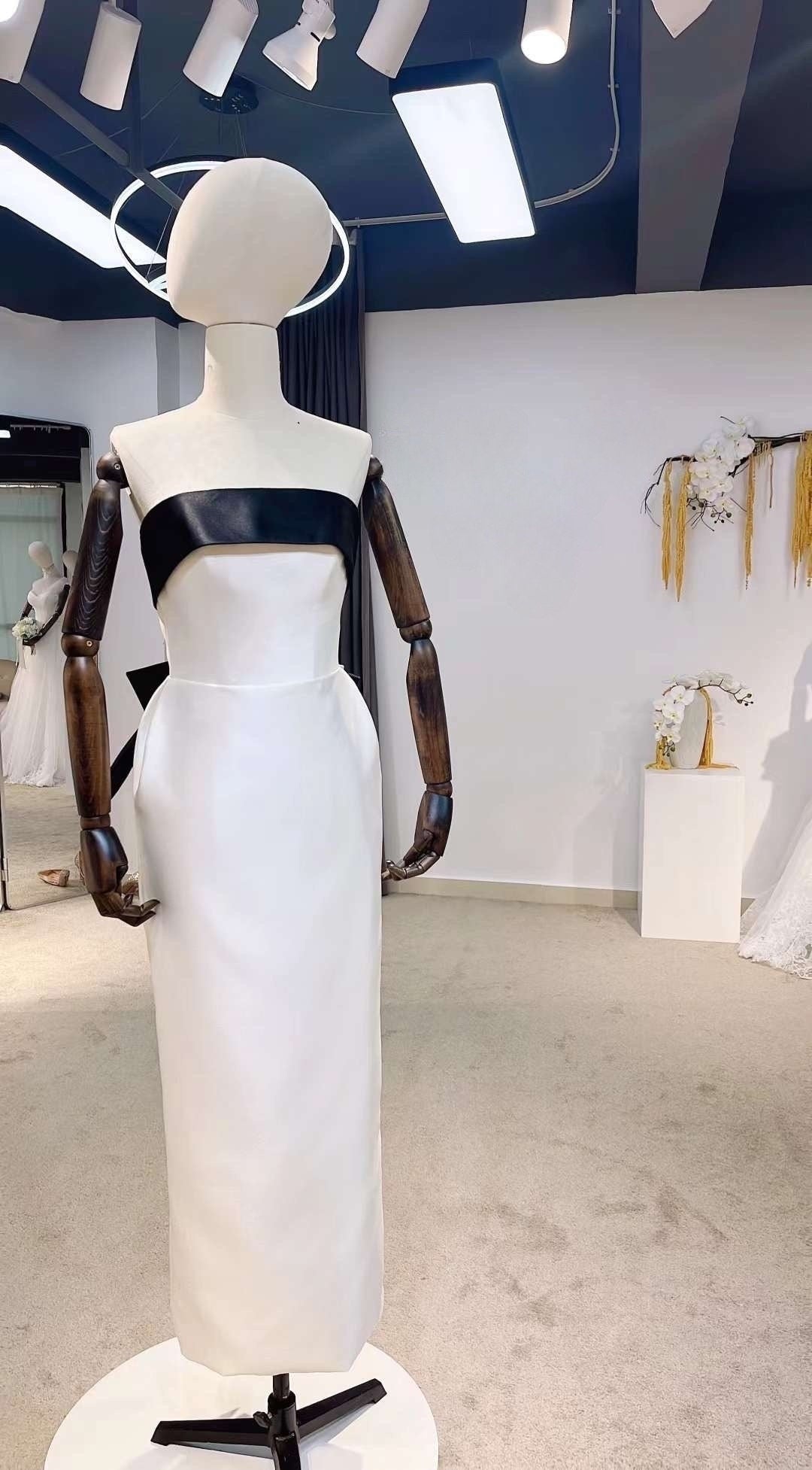 Minimalist Satin Corset Midi Wedding Dress with Detachable Bow, Custom Shindig Threads Minimalist Satin Corset Midi Wedding Dress with Detachable Bow, Custom Shindig Threads