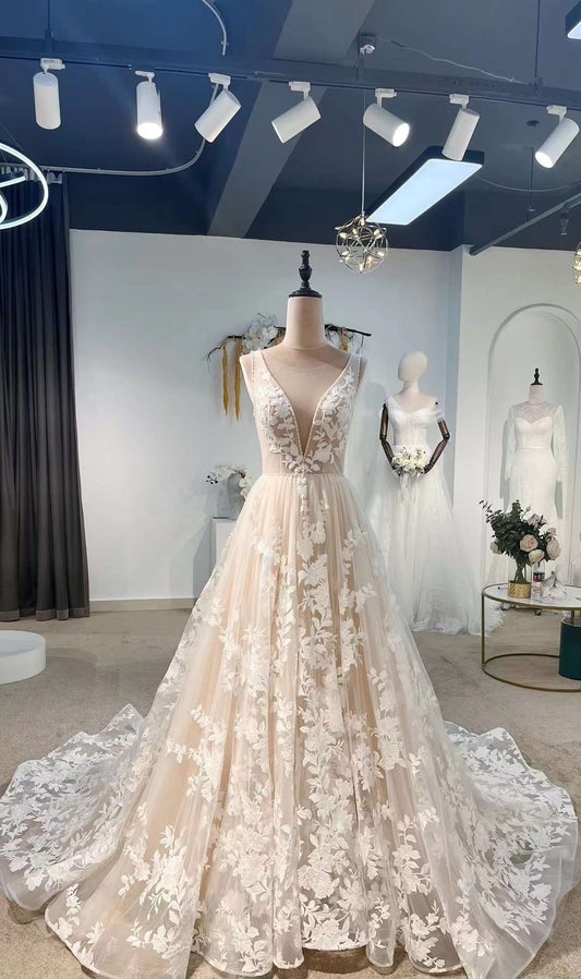 Fairy Floral A-line Wedding Bridal Dress, Custom v neck Lace Gown, Unique Elopement Dress for Courthouse Wedding, Romentic Reception Dress