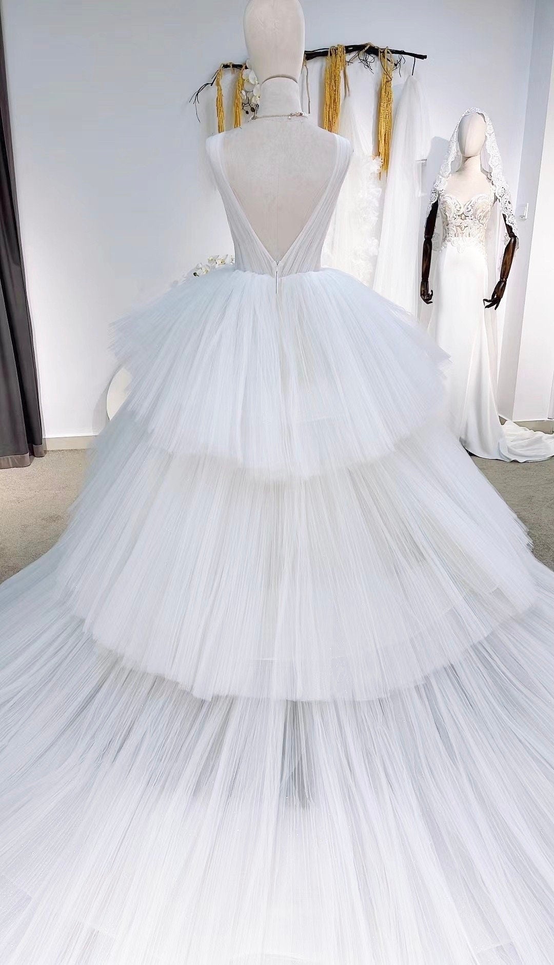 Fairy tulle V-neck Wedding Bridal Dress, Custom Unique Elegant Prom Party Ball Gown, Princess Dress