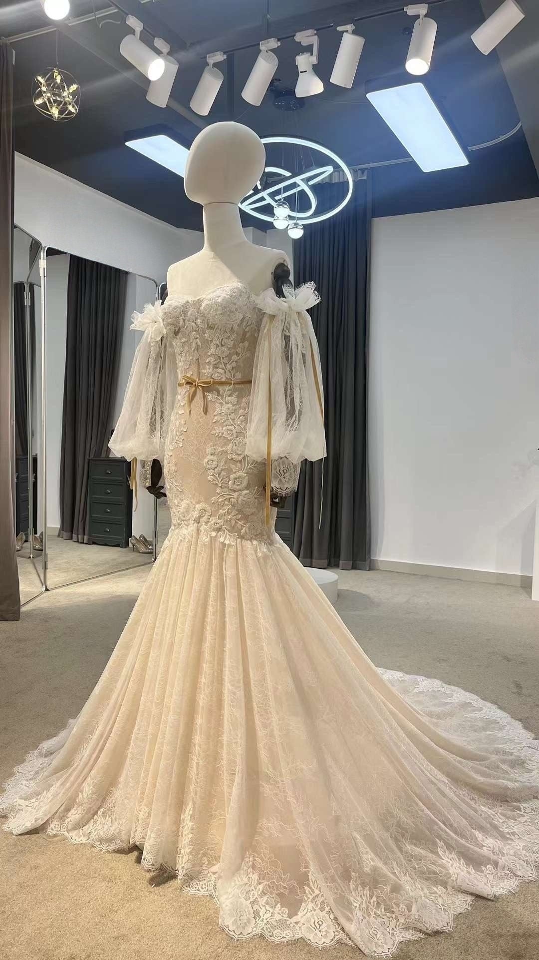 Detachable Long Sleeve Fairy Floral Mermaid Wedding Dress, Custom off shoulder Lace Prom Gown, Unique Reception Dress for Courthouse Wedding