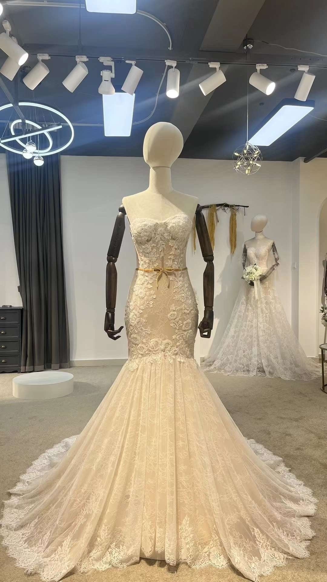 Detachable Long Sleeve Fairy Floral Mermaid Wedding Dress, Custom off shoulder Lace Prom Gown, Unique Reception Dress for Courthouse Wedding