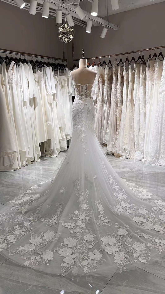 Custom Corset Lace Mermaid Wedding Bridal Dress with Handmade 3D Flowers, Sexy Elegant Party & Formal Event Gown