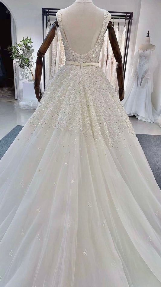 Ivory Beaded Fairytale A-line Wedding Bridal Dress Custom Elegant Prom Party Gown Boho Princess Classic Romantic.