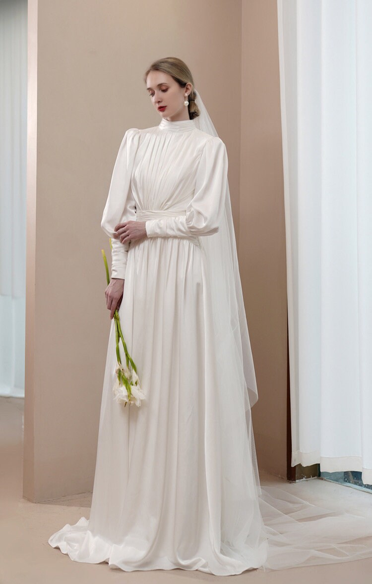 Minimalist long sleeve simple silk satin wedding prom dress, Courthouse civil reception dress, Casual rehearsal modest elopement gown