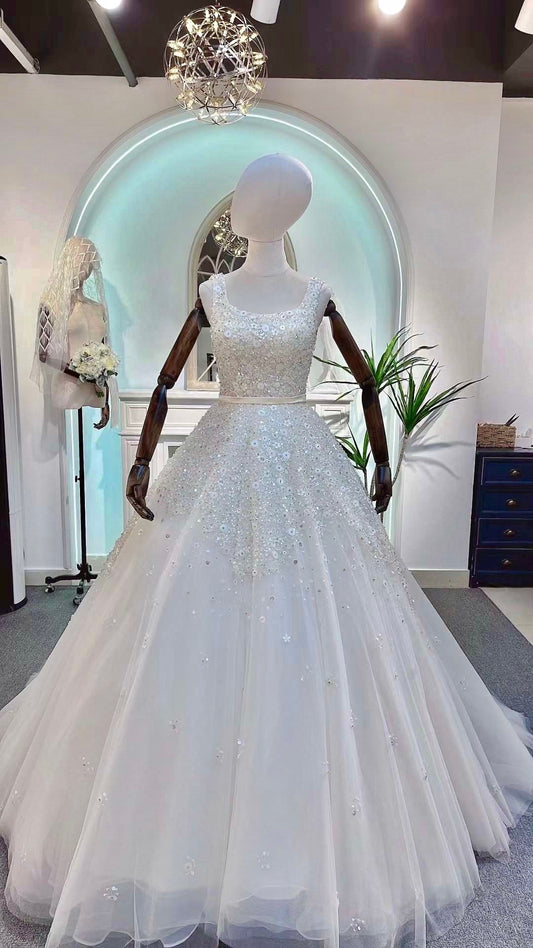 Ivory Beaded Fairytale A-line Wedding Bridal Dress Custom Elegant Prom Party Gown Boho Princess Classic Romantic.