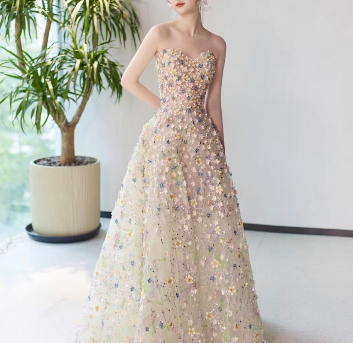 Fairy Floral Unique Wedding Bridal Dress with Detachable Sleeve, Off Shoulder Romantic Lolita Princess Prom Party Gown, Barbie Style Dress