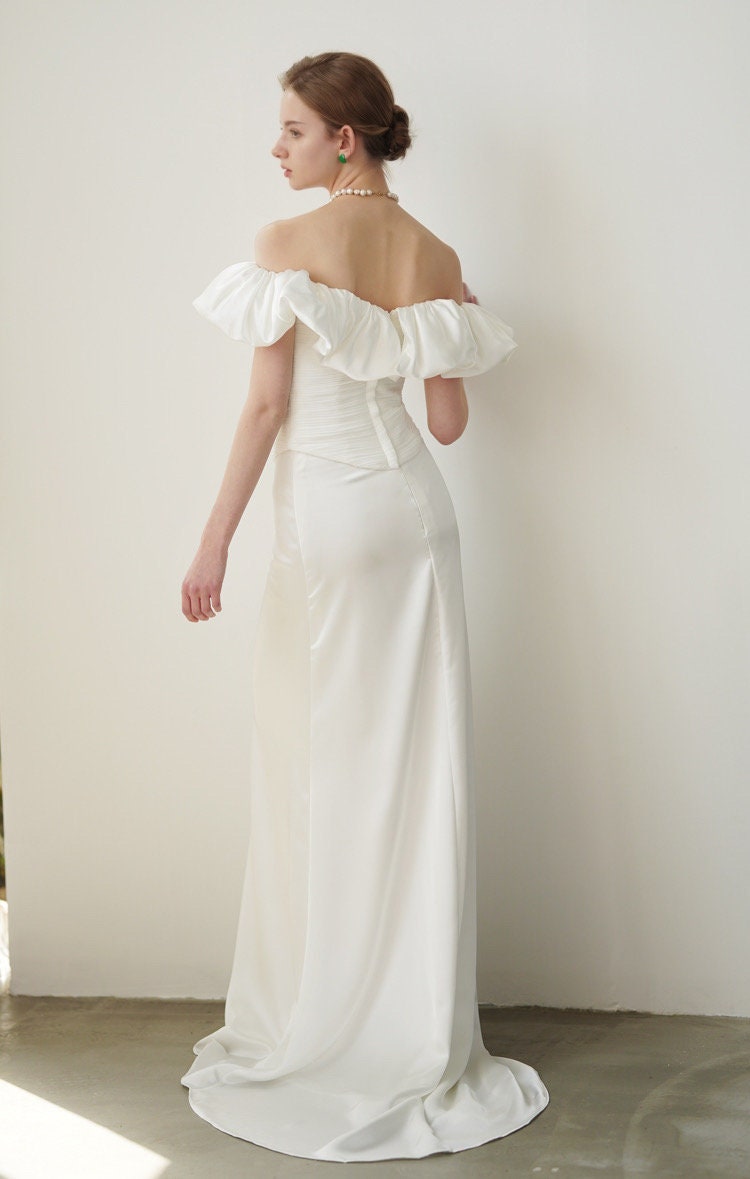 Minimalist simple unique satin mermaid wedding dress, Off shoulder courthouse civil reception dress, Casual rehearsal modest elopement gown