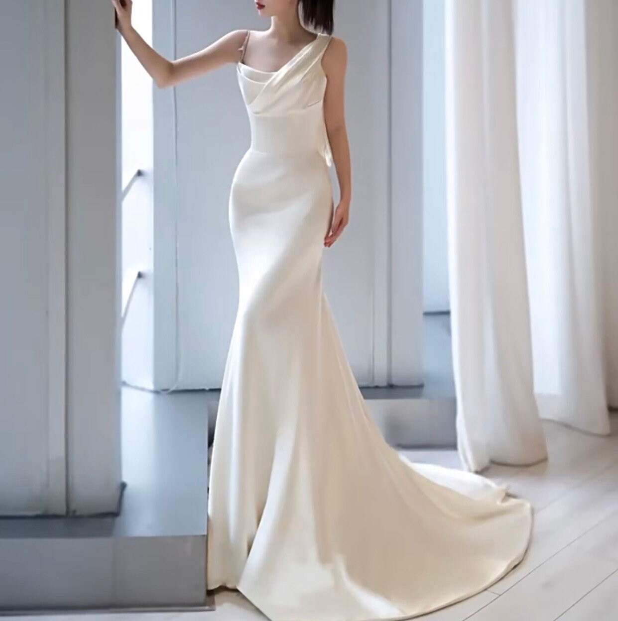 Minimalist One Shoulder Satin Mermaid Wedding Bridal Dress, Custom Unique Elegant Prom Party Gown, Courthouse Civil Wedding Reception Dress