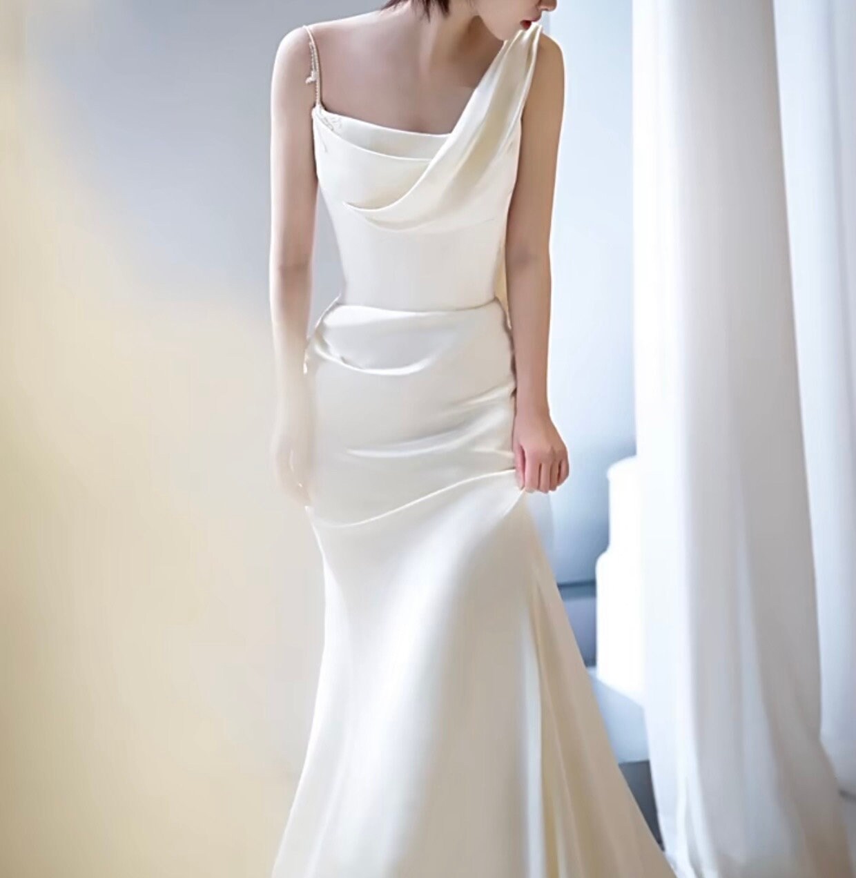 Minimalist One Shoulder Satin Mermaid Wedding Bridal Dress, Custom Unique Elegant Prom Party Gown, Courthouse Civil Wedding Reception Dress