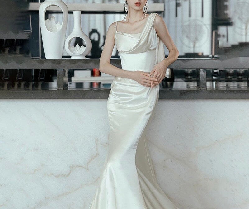 Minimalist One Shoulder Satin Mermaid Wedding Bridal Dress, Custom Unique Elegant Prom Party Gown, Courthouse Civil Wedding Reception Dress