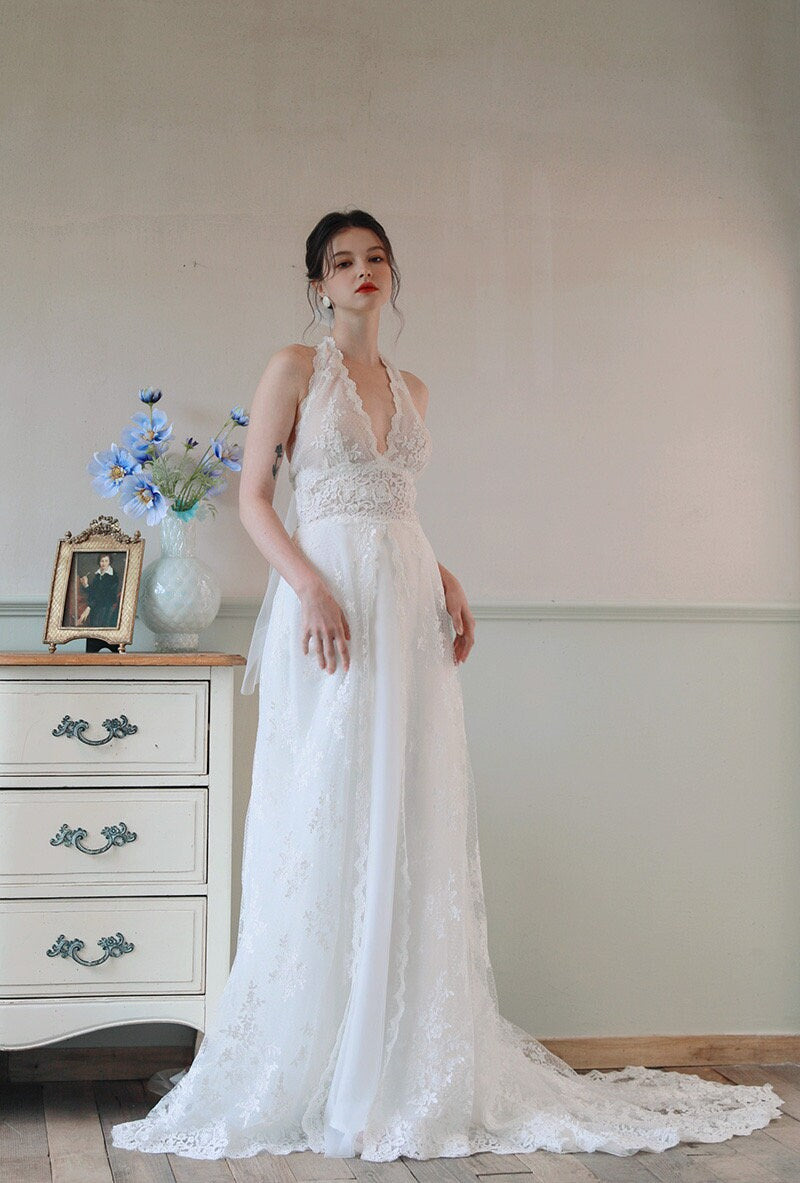 Minimalist simple lace wedding prom dress w bow, custom unique courthouse civil gown, casual vintage romantic reception elopement dress