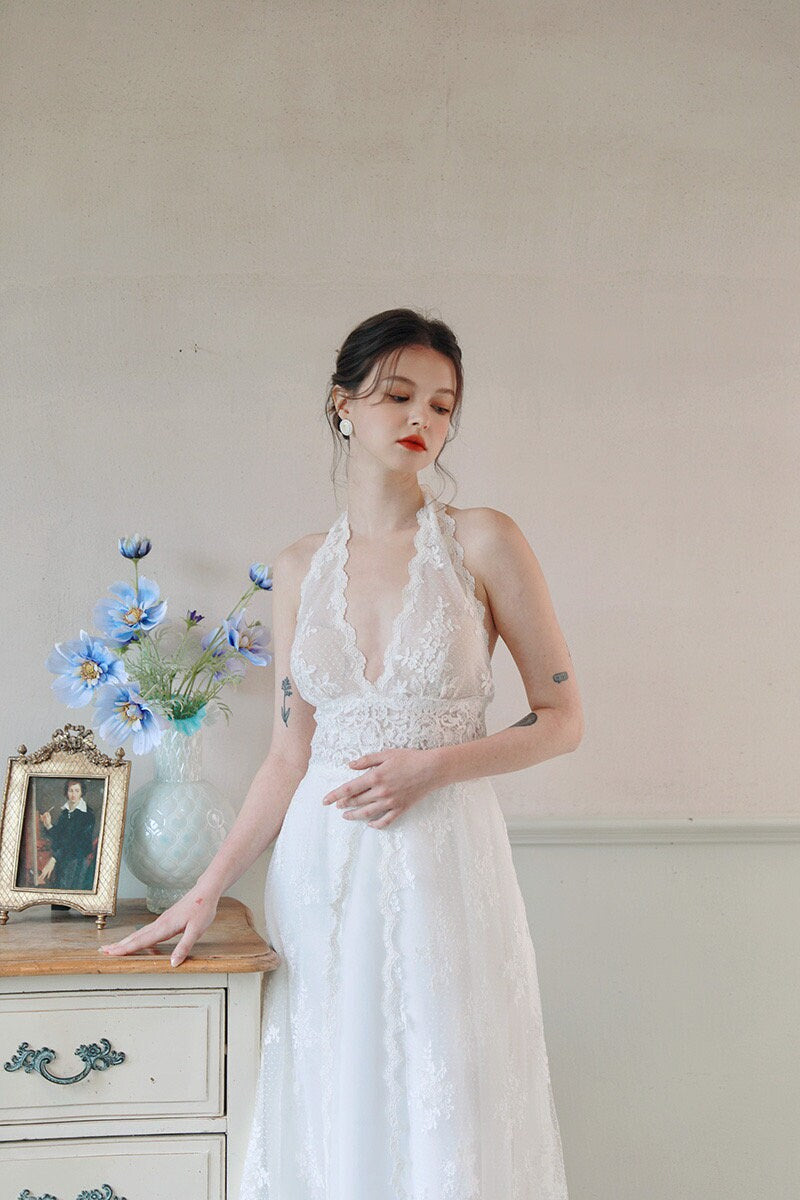 Minimalist simple lace wedding prom dress w bow, custom unique courthouse civil gown, casual vintage romantic reception elopement dress