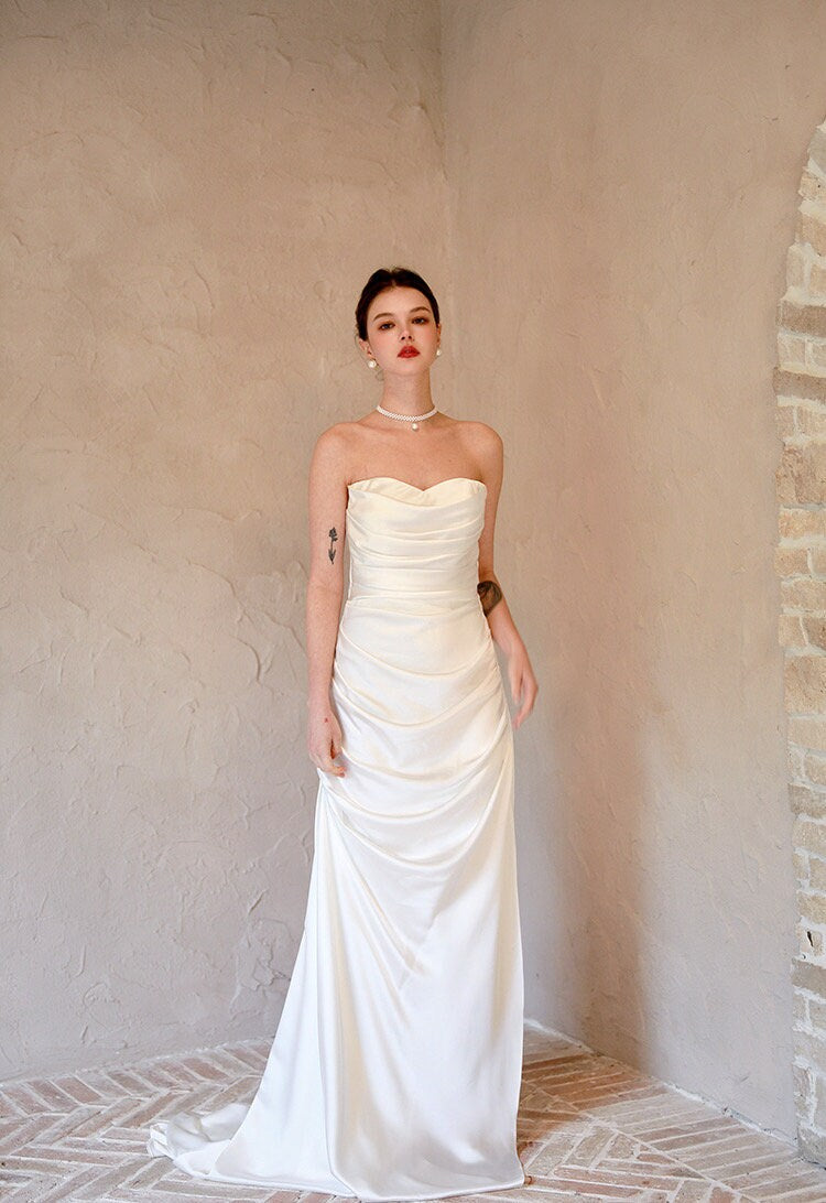 Minimalist simple satin wedding prom dress, custom unique courthouse civil wedding gown, casual romantic reception elopement dress for bride