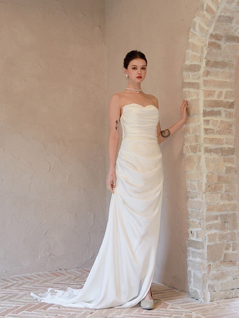 Minimalist simple satin wedding prom dress, custom unique courthouse civil wedding gown, casual romantic reception elopement dress for bride