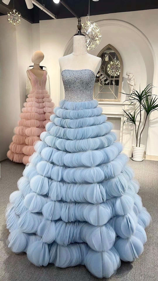 Blue Fairytale A-line Custom Wedding Bridal Dress Elegant Prom Party Gown Boho Princess Classic Romantic.