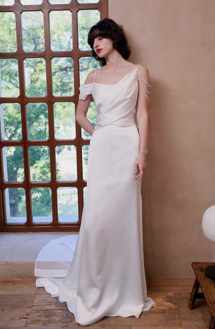 Minimalist simple satin wedding prom dress, custom unique courthouse civil wedding gown, casual romantic reception elopement dress for bride