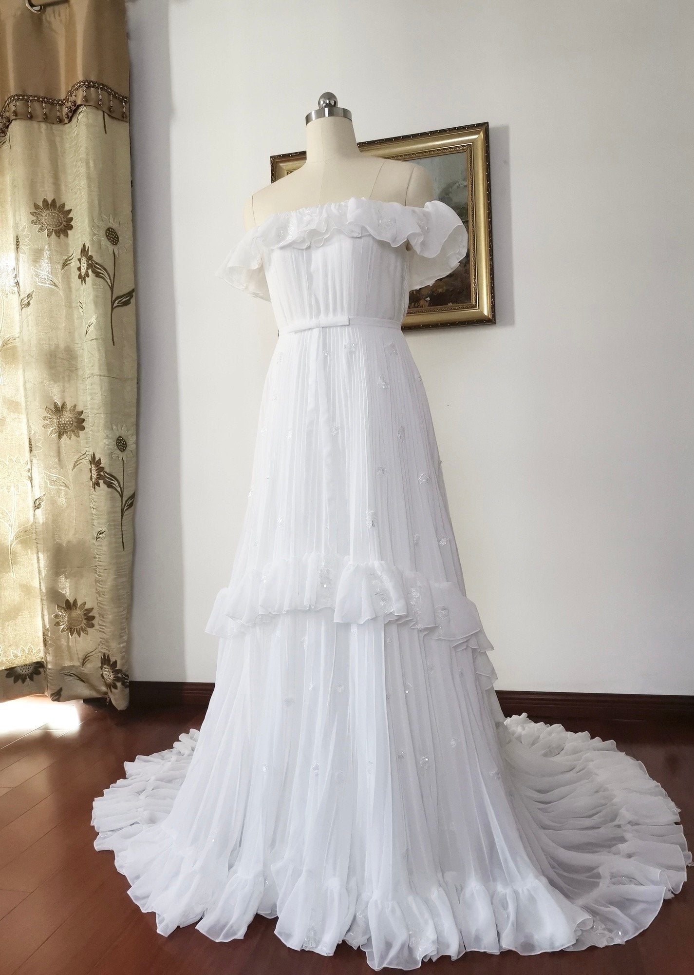 Taylor Hill Inspired Off Shoulder Lace Wedding Bridal Dress, Custom Unique A-Line Party Gown, Fairy Boho Reception Dress, Courthouse Wedding