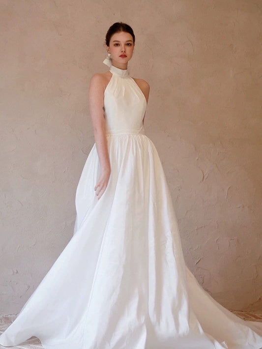 Minimalist simple satin wedding prom dress, custom unique courthouse civil wedding gown, casual romantic reception elopement dress for bride