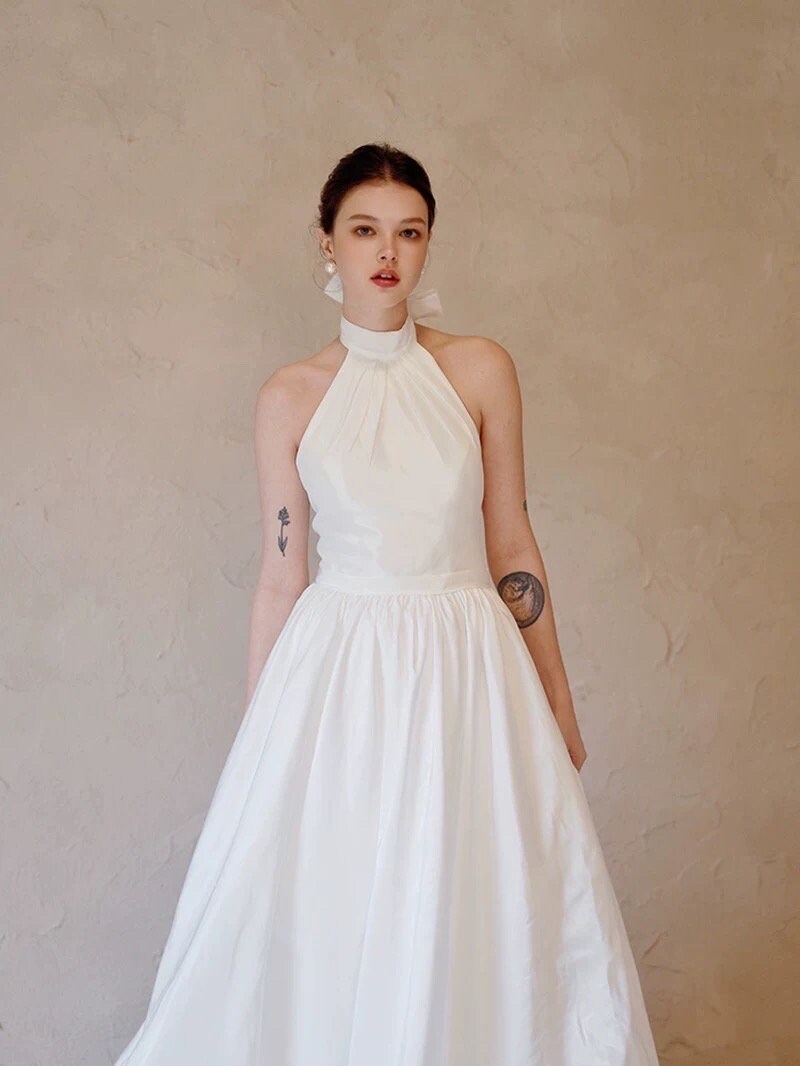 Minimalist simple satin wedding prom dress, custom unique courthouse civil wedding gown, casual romantic reception elopement dress for bride