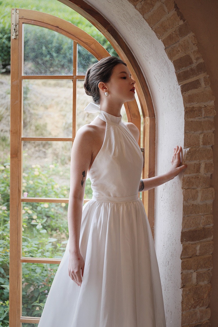 Minimalist simple satin wedding prom dress, custom unique courthouse civil wedding gown, casual romantic reception elopement dress for bride