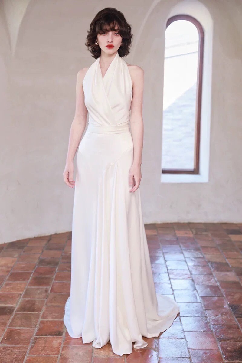 Minimalist simple satin wedding prom dress, custom unique courthouse civil wedding gown, casual romantic reception elopement dress for bride