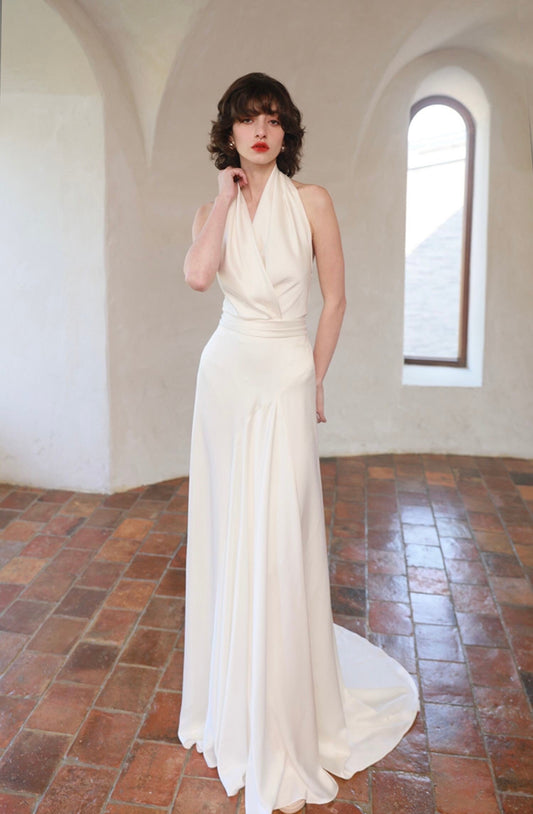 Minimalist simple satin wedding prom dress, custom unique courthouse civil wedding gown, casual romantic reception elopement dress for bride