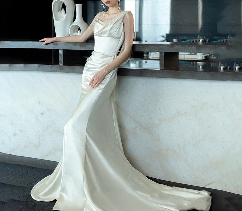 Minimalist One Shoulder Satin Mermaid Wedding Bridal Dress, Custom Unique Elegant Prom Party Gown, Courthouse Civil Wedding Reception Dress