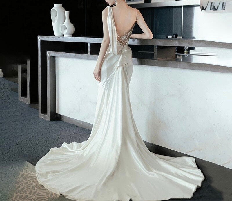 Minimalist One Shoulder Satin Mermaid Wedding Bridal Dress, Custom Unique Elegant Prom Party Gown, Courthouse Civil Wedding Reception Dress