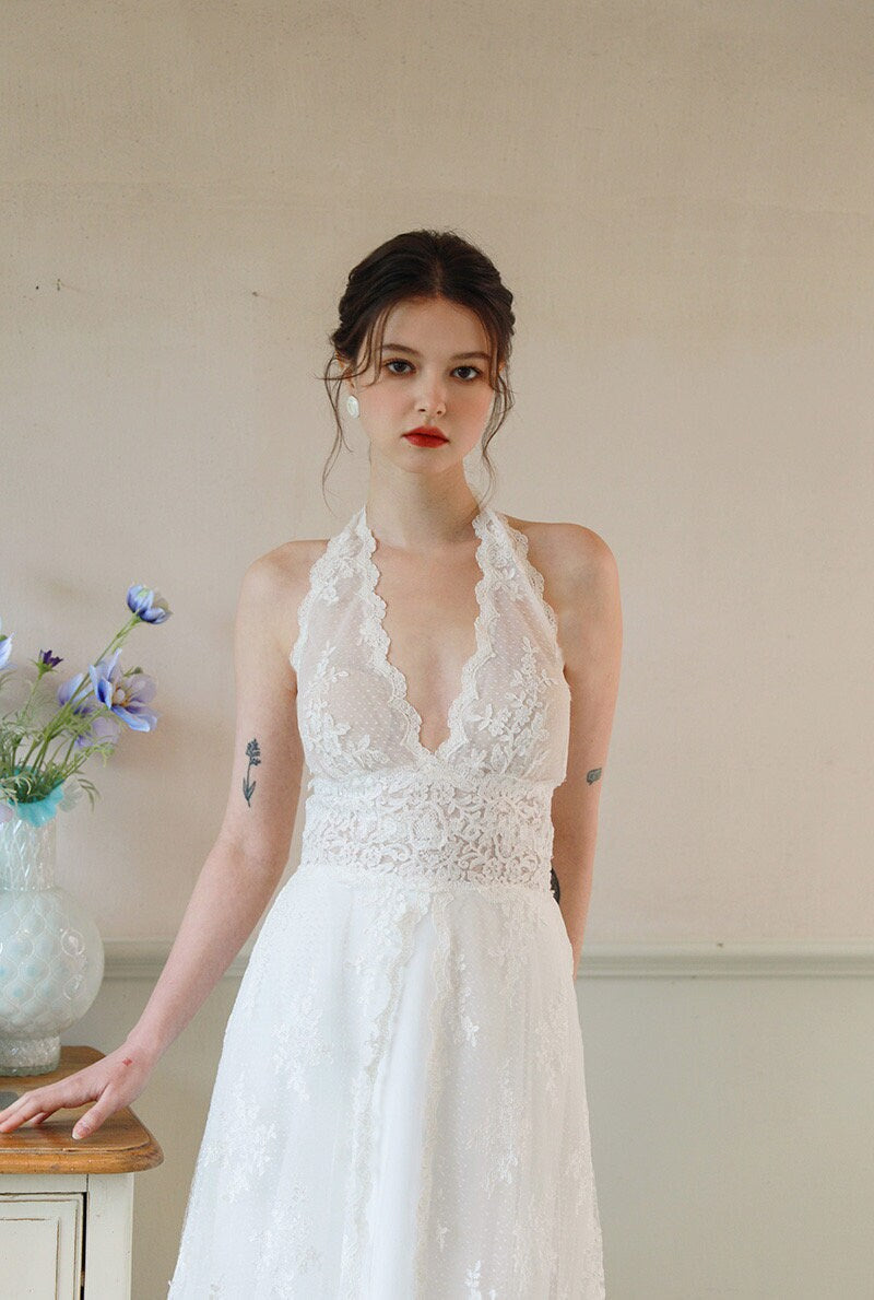 Minimalist simple lace wedding prom dress w bow, custom unique courthouse civil gown, casual vintage romantic reception elopement dress