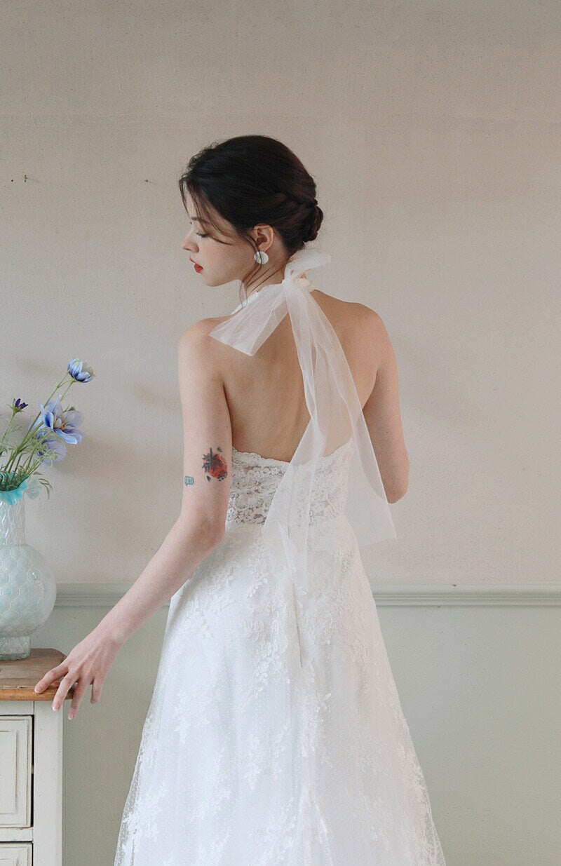 Minimalist simple lace wedding prom dress w bow, custom unique courthouse civil gown, casual vintage romantic reception elopement dress