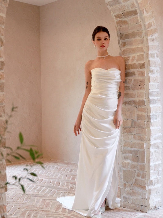 Minimalist simple satin wedding prom dress, custom unique courthouse civil wedding gown, casual romantic reception elopement dress for bride