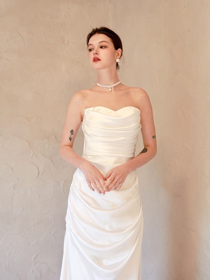 Minimalist simple satin wedding prom dress, custom unique courthouse civil wedding gown, casual romantic reception elopement dress for bride