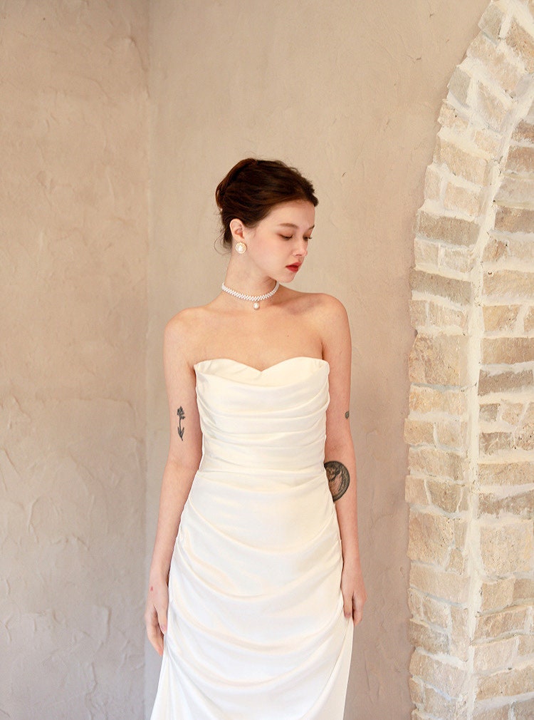 Minimalist simple satin wedding prom dress, custom unique courthouse civil wedding gown, casual romantic reception elopement dress for bride