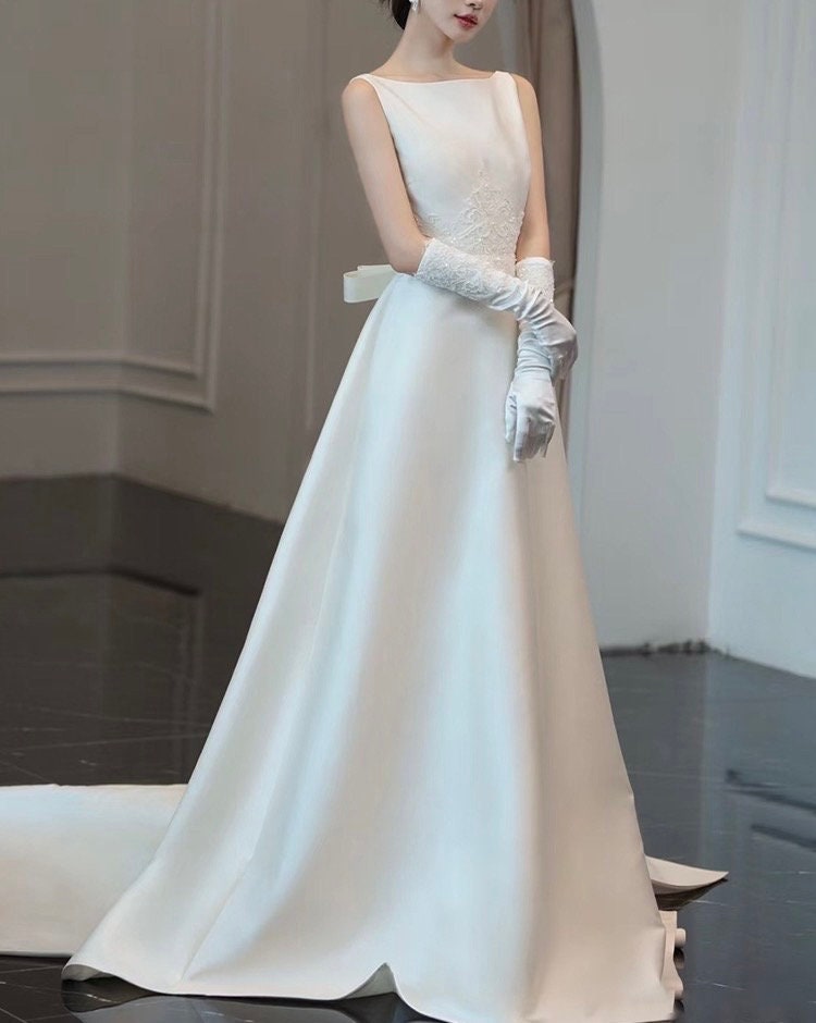 Minimalist Simple Satin A-line Wedding Prom Dress with Open Back and Bow, Custom Modest Reception Elopement Unique Courthouse Civil Gown