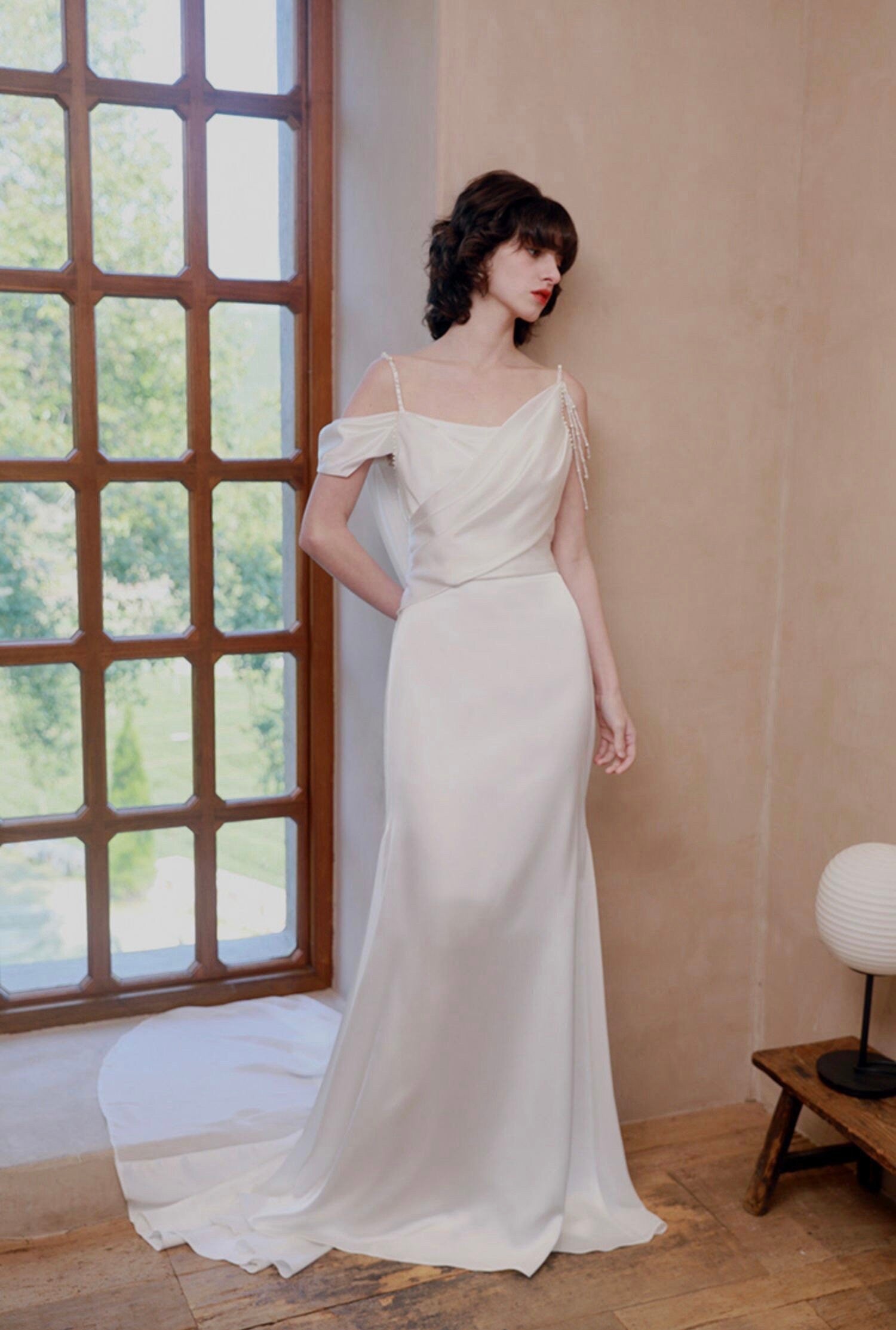 Minimalist simple satin wedding prom dress, custom unique courthouse civil wedding gown, casual romantic reception elopement dress for bride