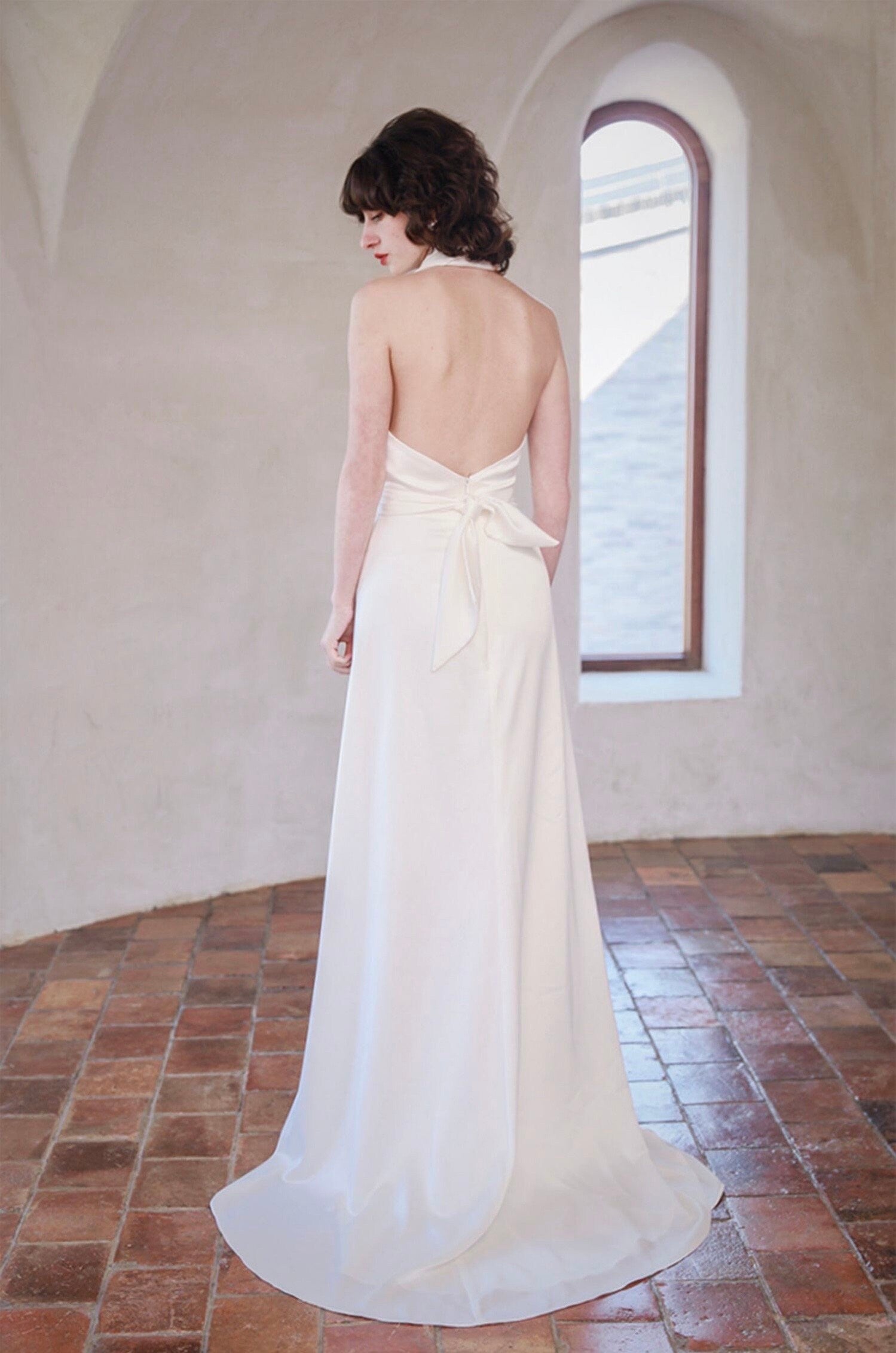 Minimalist simple satin wedding prom dress, custom unique courthouse civil wedding gown, casual romantic reception elopement dress for bride