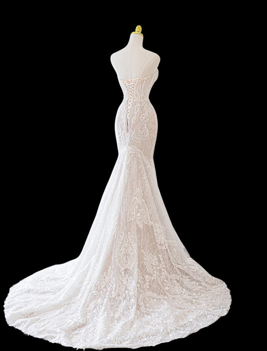 Fairy Lace Mermaid Wedding Prom Dress, Custom Simple Modest Reception Elopement Unique Courthouse Civil Gown
